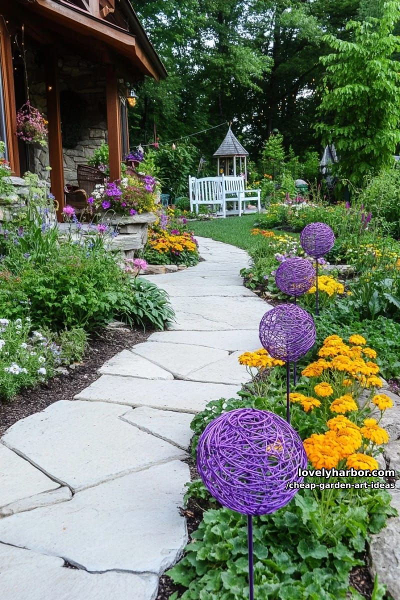 purple chicken wire garden orbs on stems for a whimsical yard accent. 1