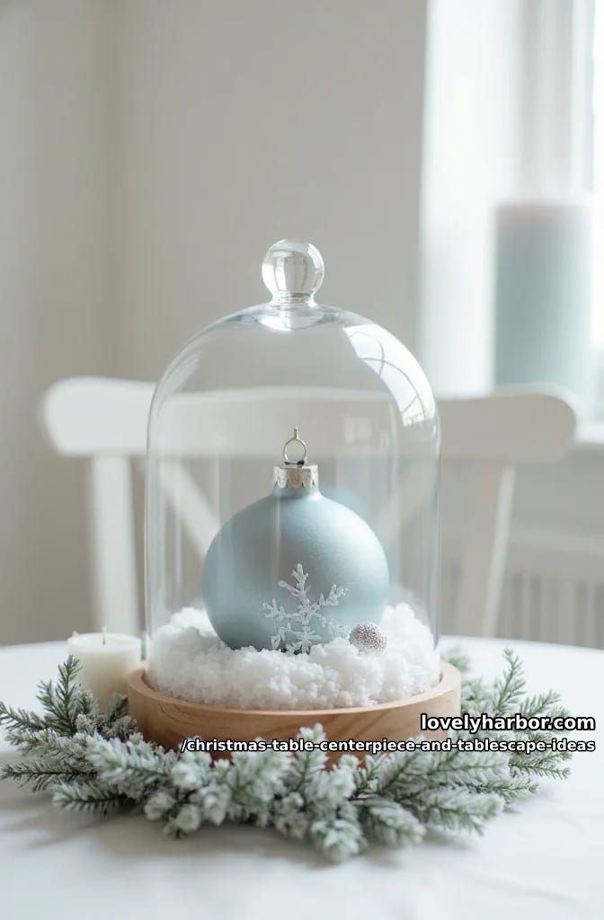 put a single frosted ornament or branch under a glass cloche 1