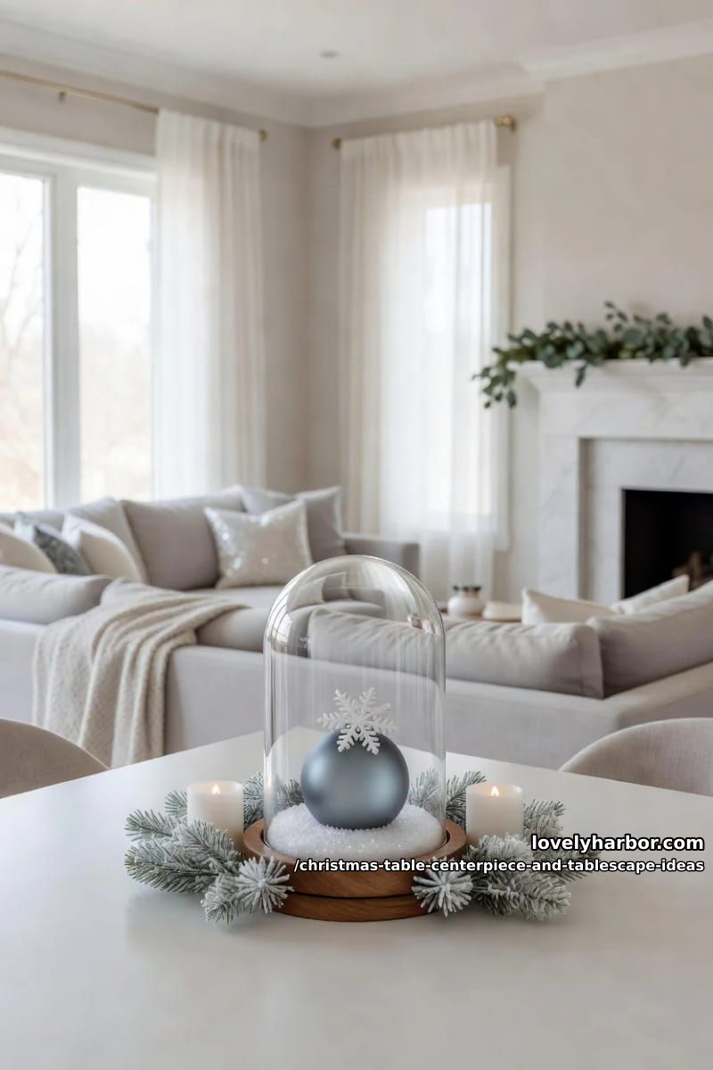 put a single frosted ornament or branch under a glass cloche 1