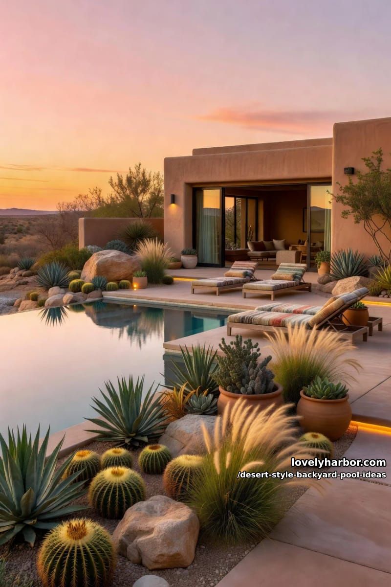 raised infinity-edge pool surrounded by sculptural agave and golden barrel cactus 1