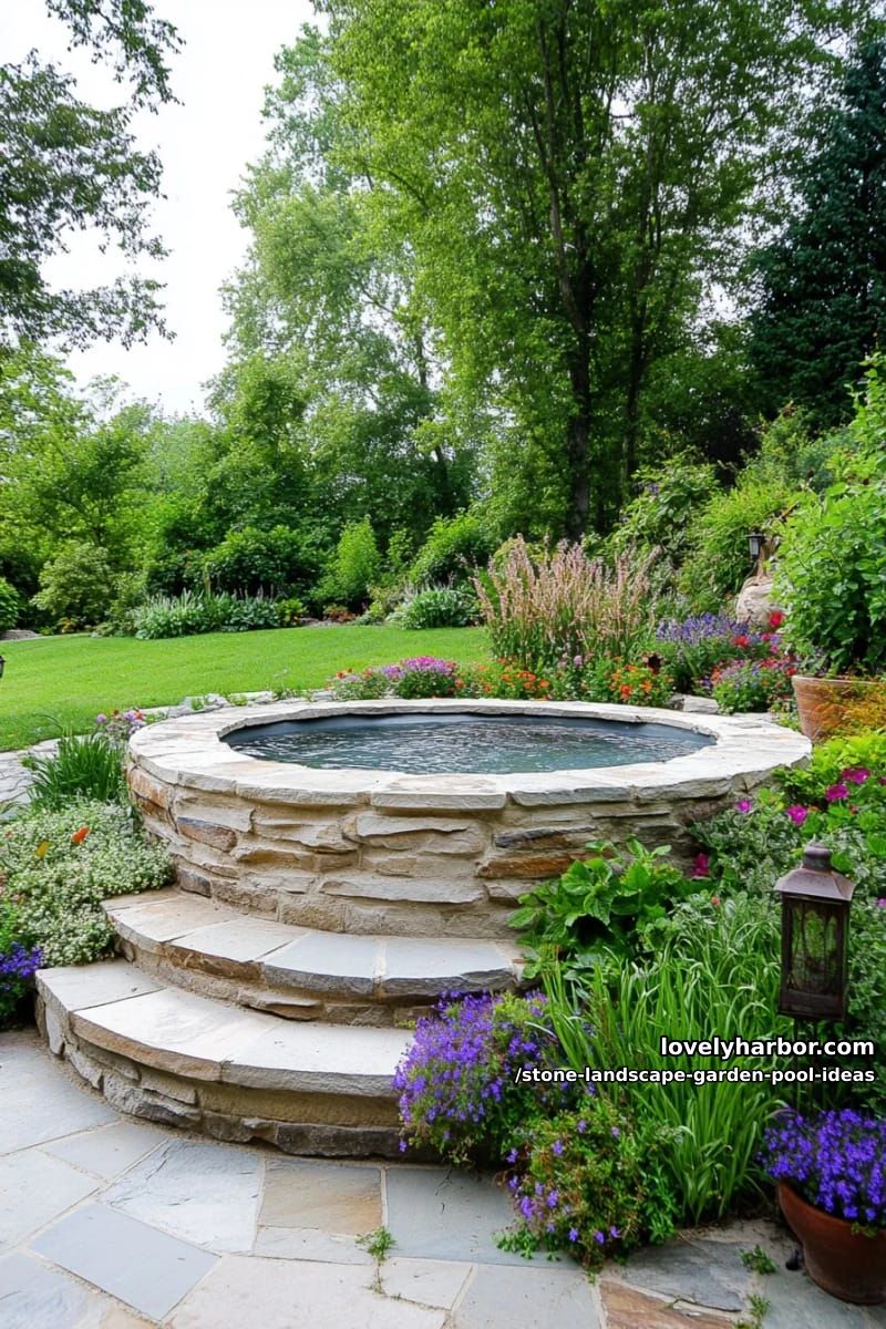 raised spa encircled by irregular flagstones and flowering vines 1