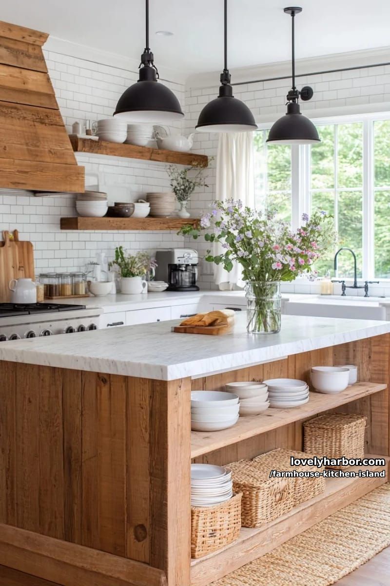 reclaimed wood island, industrial pendant lights, white cabinets, and farmhouse sink. 1