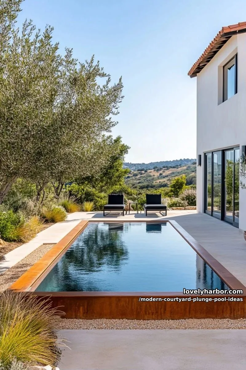 rectangular plunge pool framed by corten steel and minimalist landscaping 1
