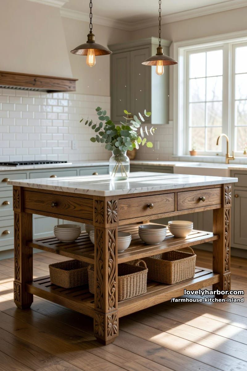 rectangular wood island, brass knobs, slatted shelves, and carved legs. 1