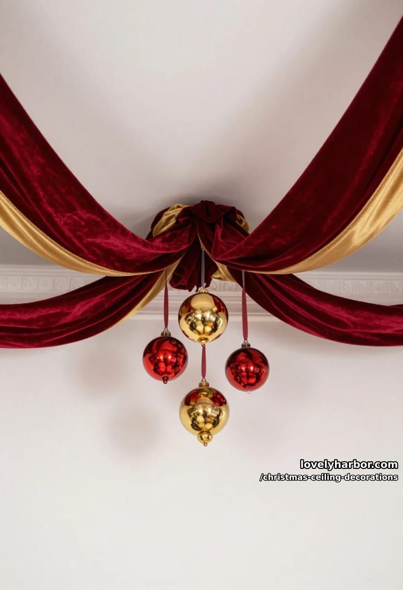 11 Christmas Ceiling Decorations That Put the Overlooked Surface to Work 21 red-and-gold ribbon swags read traditional; pastel streamers read party 1