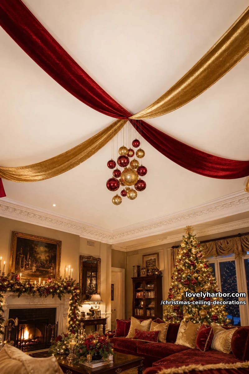 11 Christmas Ceiling Decorations That Put the Overlooked Surface to Work 22 red-and-gold ribbon swags read traditional; pastel streamers read party 21