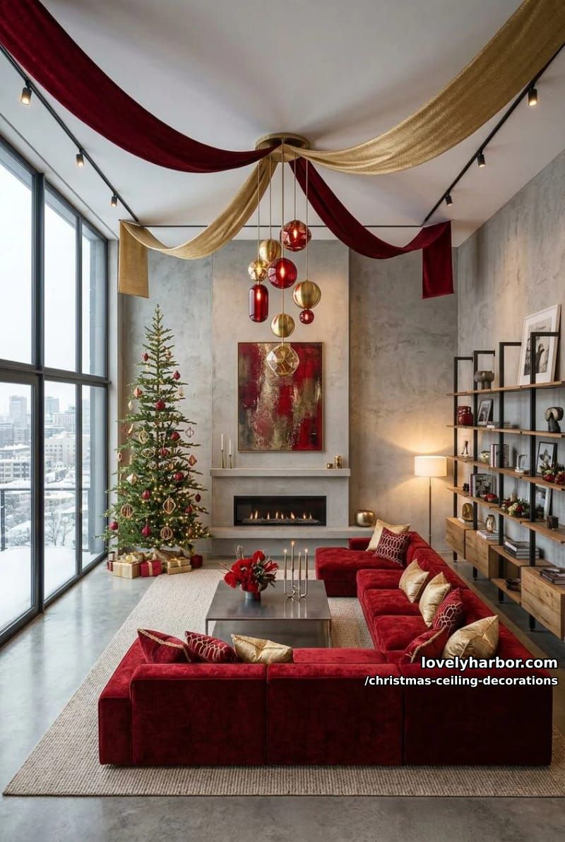 11 Christmas Ceiling Decorations That Put the Overlooked Surface to Work 23 red-and-gold ribbon swags read traditional; pastel streamers read party 22