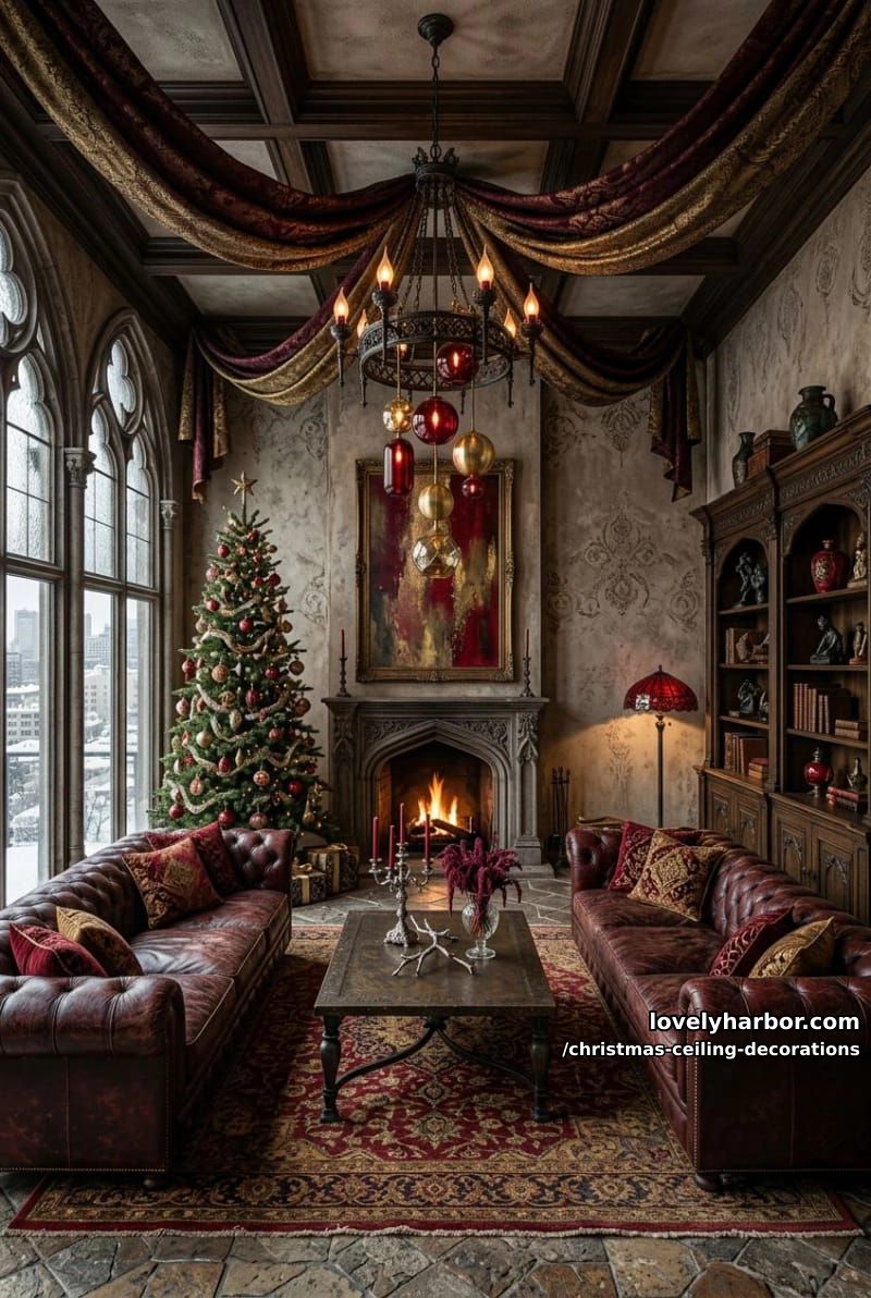 11 Christmas Ceiling Decorations That Put the Overlooked Surface to Work 24 red-and-gold ribbon swags read traditional; pastel streamers read party 23