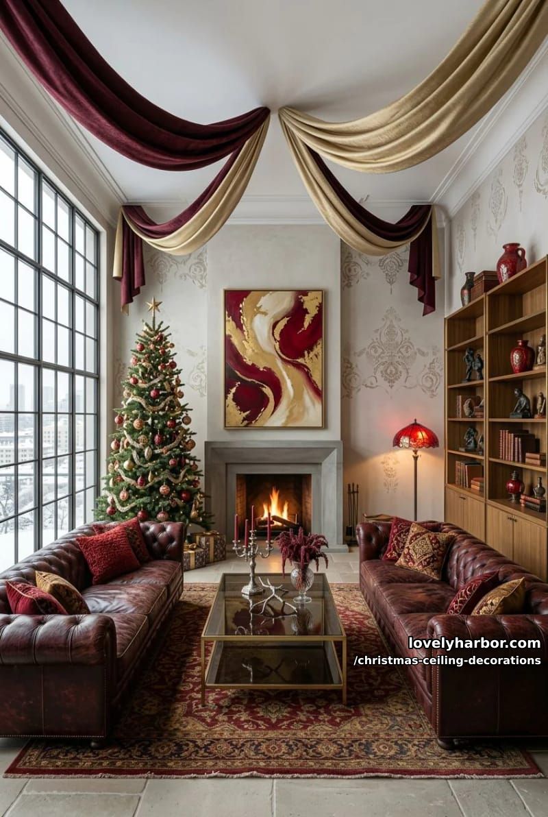 11 Christmas Ceiling Decorations That Put the Overlooked Surface to Work 25 red-and-gold ribbon swags read traditional; pastel streamers read party 24