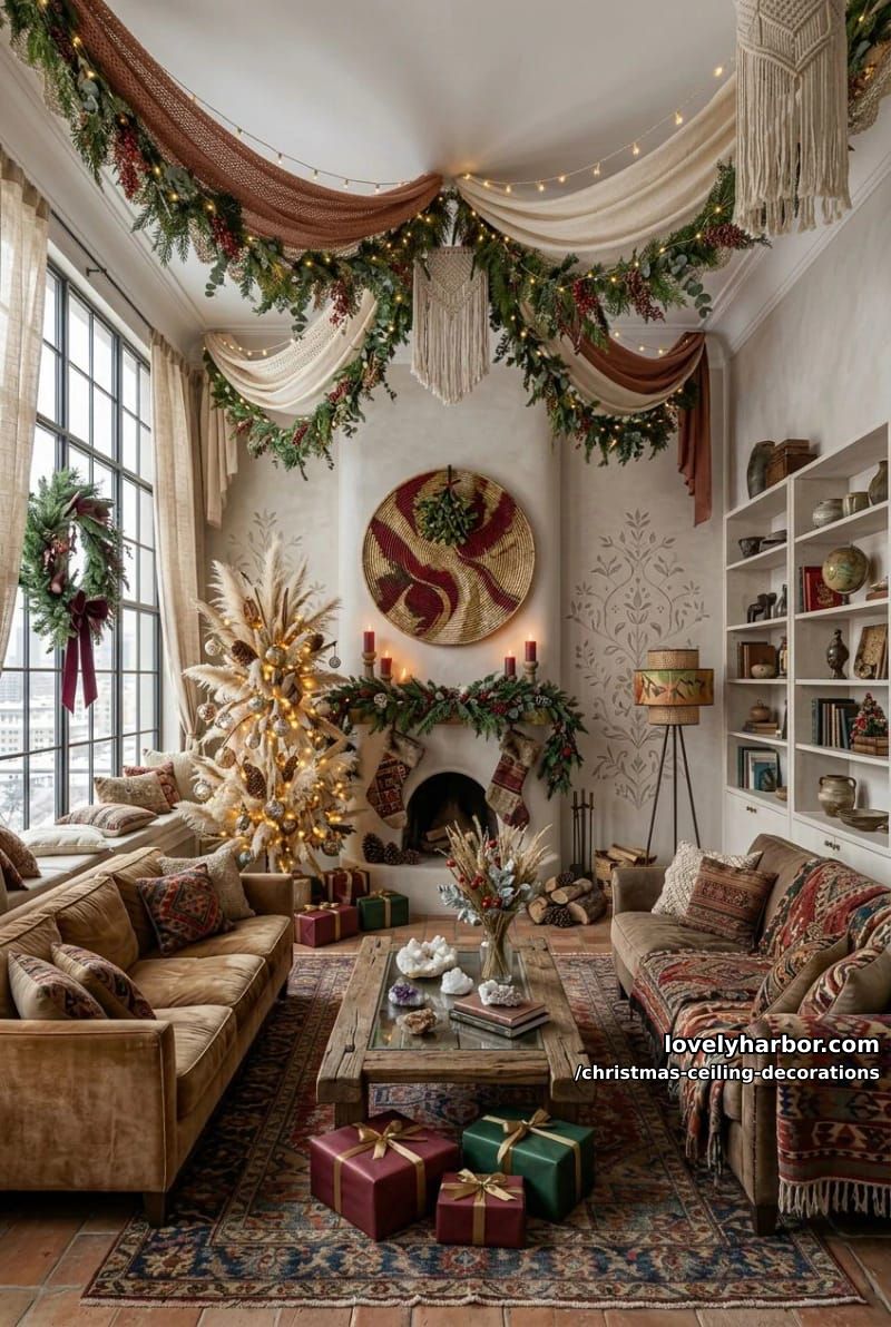 11 Christmas Ceiling Decorations That Put the Overlooked Surface to Work 26 red-and-gold ribbon swags read traditional; pastel streamers read party 25