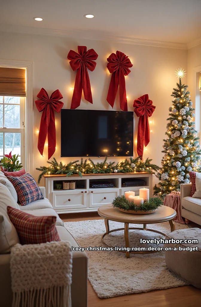red velvet christmas bows turn a bare tv wall into the focal point 1