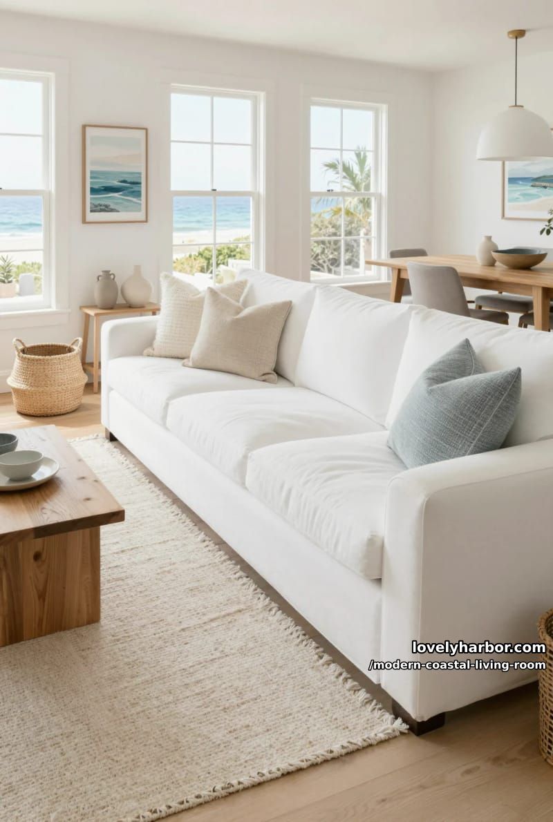 relaxed coastal living room with white sectional and soft neutral tones. 1
