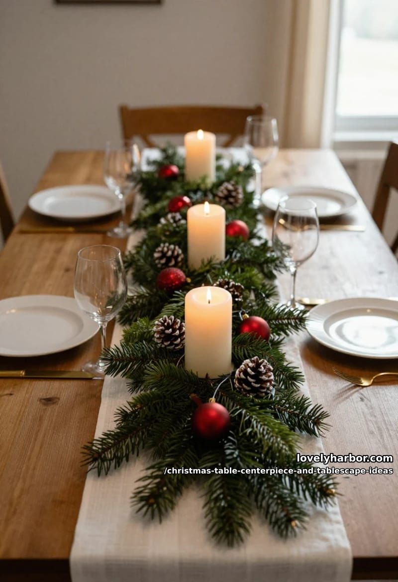 run a low greenery garland down the center instead of one tall arrangement 1
