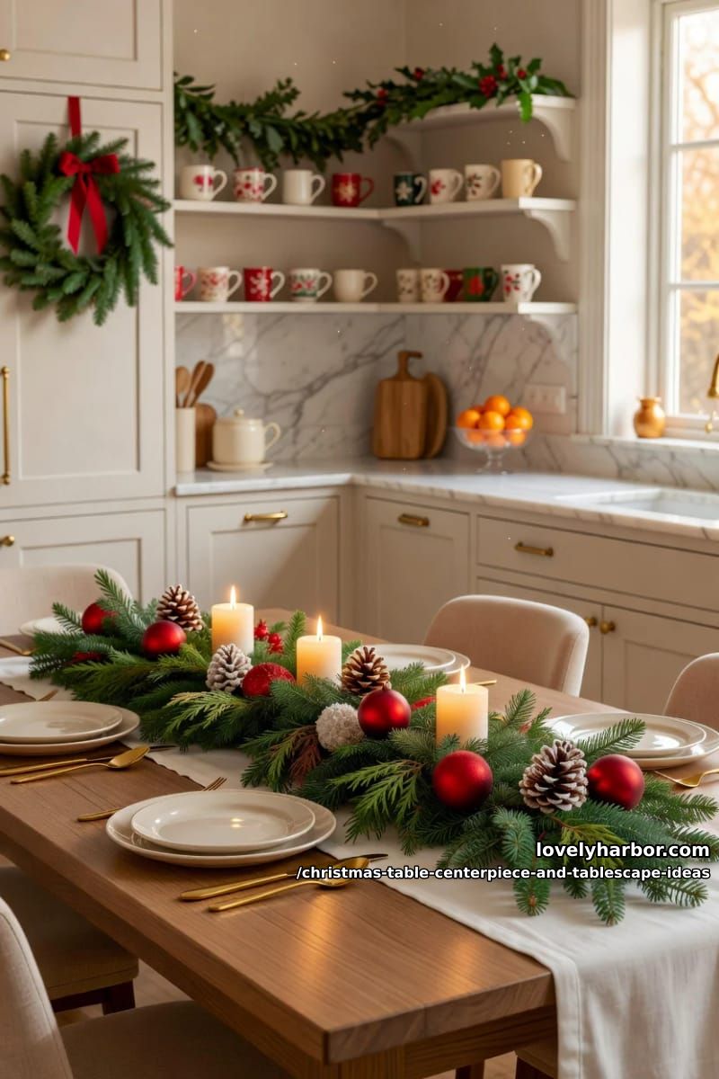 run a low greenery garland down the center instead of one tall arrangement 1