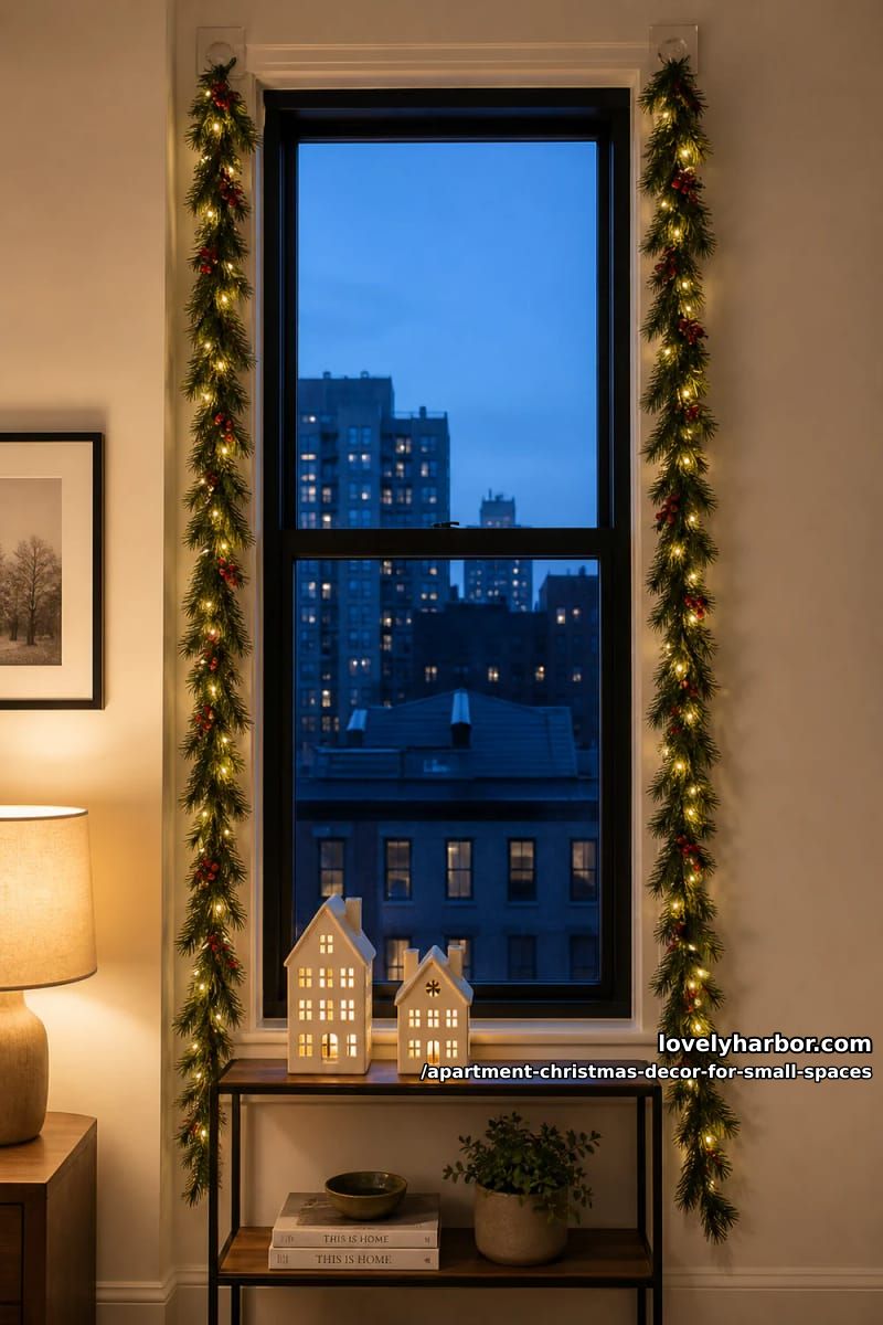 Apartment Christmas Decor for Small Spaces: 11 Renter-Friendly Ideas That Won't Cost You Your Deposit 7 run garland vertically down a window or doorframe 6