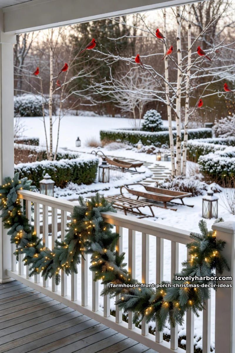 Farmhouse Front Porch Christmas Decor Ideas That Read Warm, Not Staged 4 run real garland on the rail, and buy 1.5 times the length you measured 1
