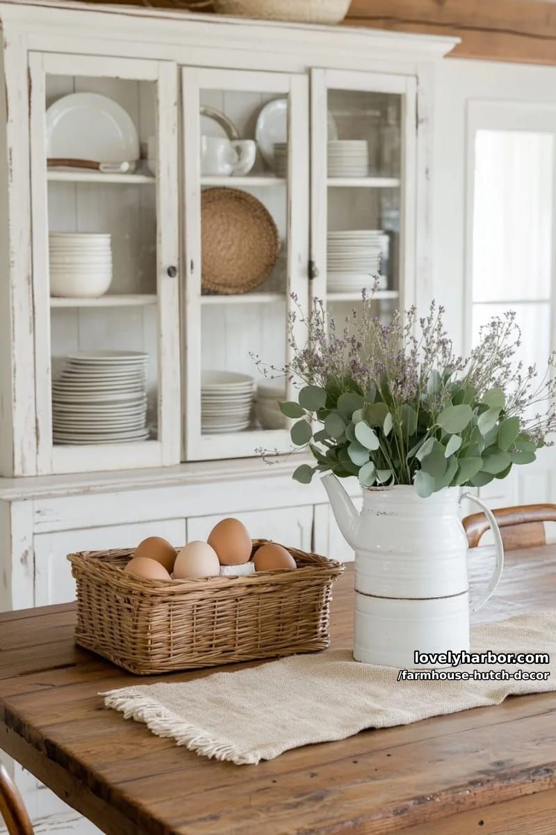 22 Farmhouse Hutch Decor Inspirations to Elevate Your Space 6 rustic dining room with white hutch, vintage crate centerpiece, and farmhouse decor. 1