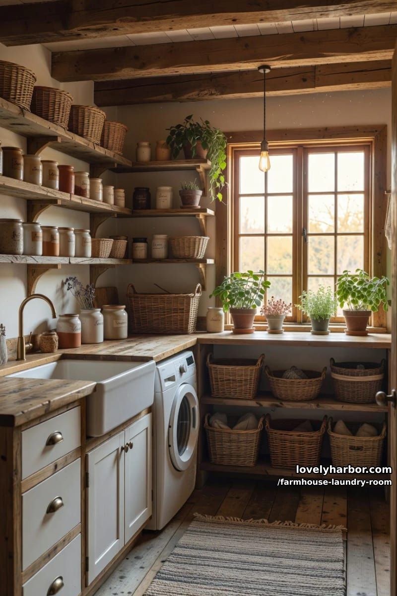 21 Farmhouse Laundry Rooms with Charming Designs 18 rustic farmhouse laundry with exposed beams, open shelving, and a farmhouse sink. 1