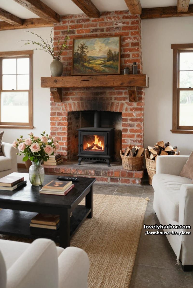 rustic farmhouse living room with red brick fireplace and wood mantel. 1