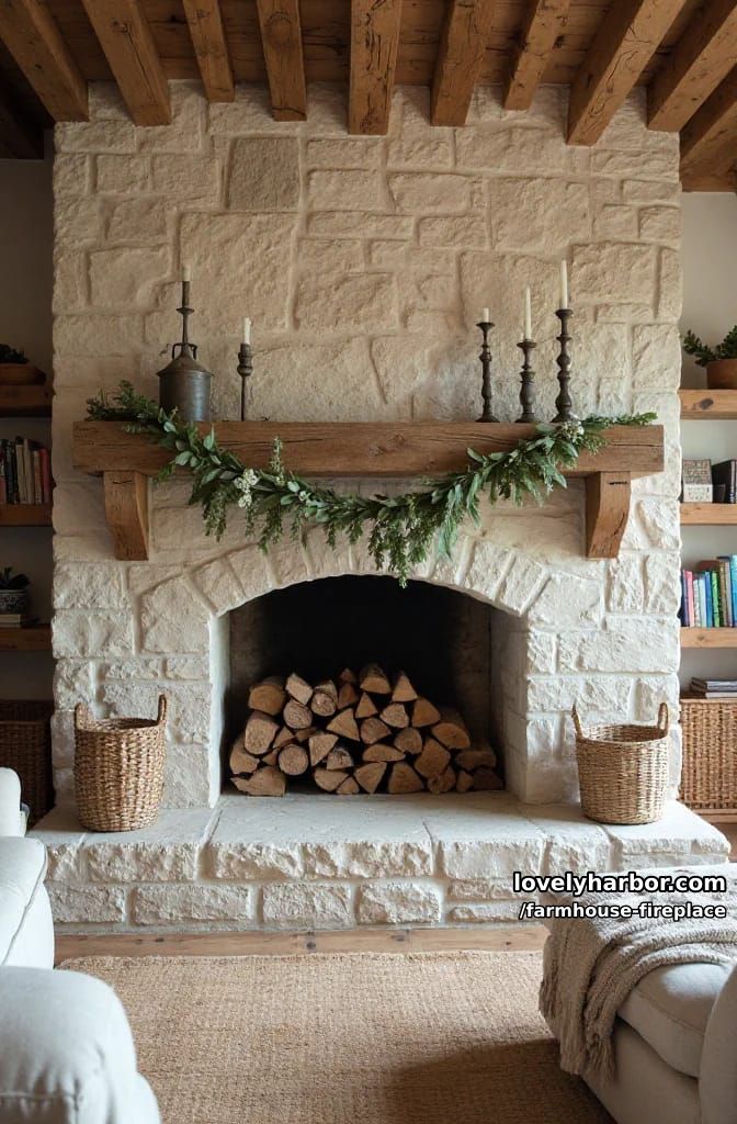 rustic farmhouse living room with stone fireplace and greenery mantel. 1