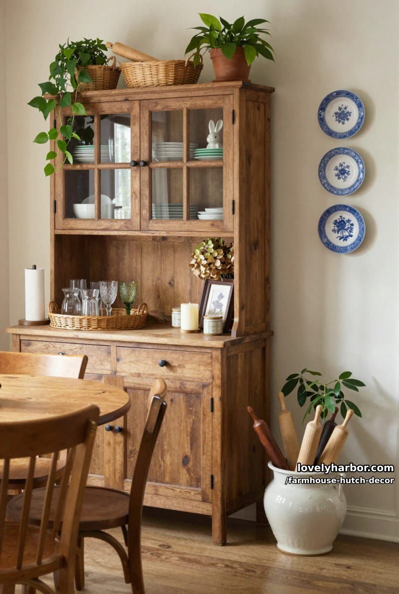 22 Farmhouse Hutch Decor Inspirations to Elevate Your Space 21 rustic hutch with glass cabinets, baskets, rolling pins, and cascading plants. 1