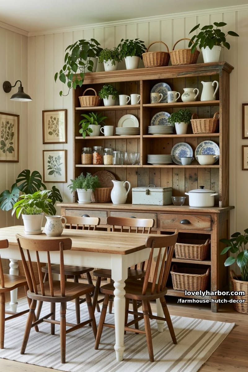 22 Farmhouse Hutch Decor Inspirations to Elevate Your Space 18 rustic hutch with open shelves, white ceramics, blue plates, and wicker baskets. 1