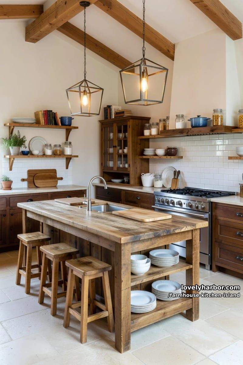 rustic island, butcher block top, dark cabinets, and floating wooden shelves. 1