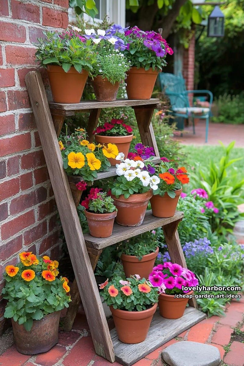 rustic ladder plant stand with terracotta pots filled with vibrant flowers. 1