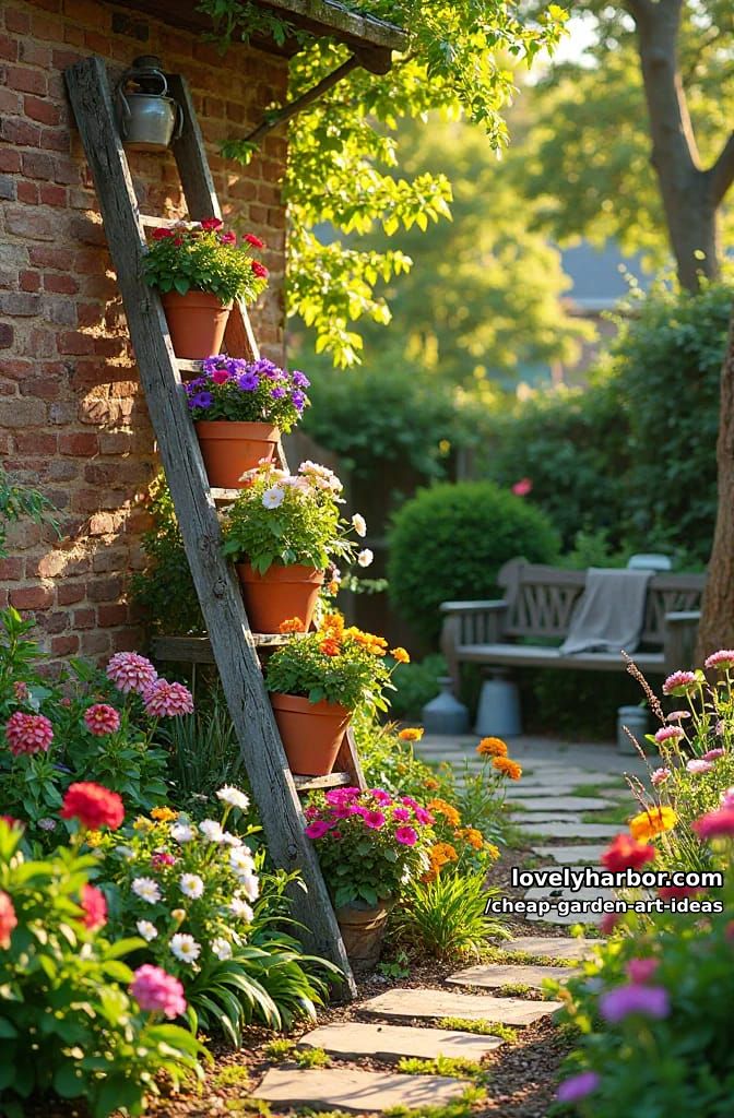 rustic ladder plant stand with terracotta pots filled with vibrant flowers. 1