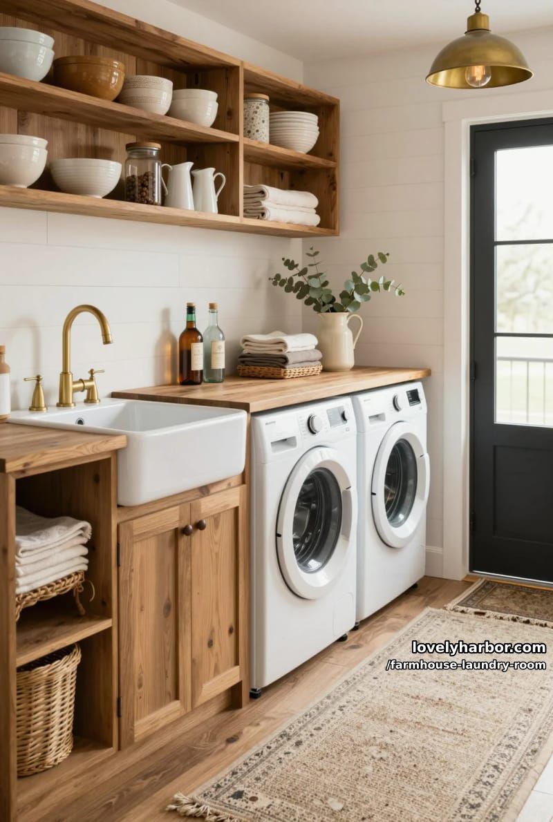 21 Farmhouse Laundry Rooms with Charming Designs 19 rustic laundry room with wood cabinets, brass fixtures, and glass door. 1