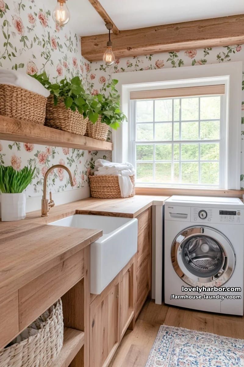 21 Farmhouse Laundry Rooms with Charming Designs 10 rustic laundry room with wooden cabinets, floral wallpaper, and exposed bulbs lighting. 1