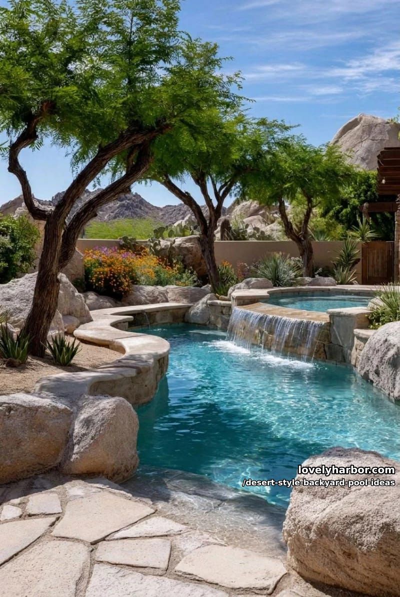 rustic split-level pool with built-in bench, mesquite trees, and desert wildflowers 1
