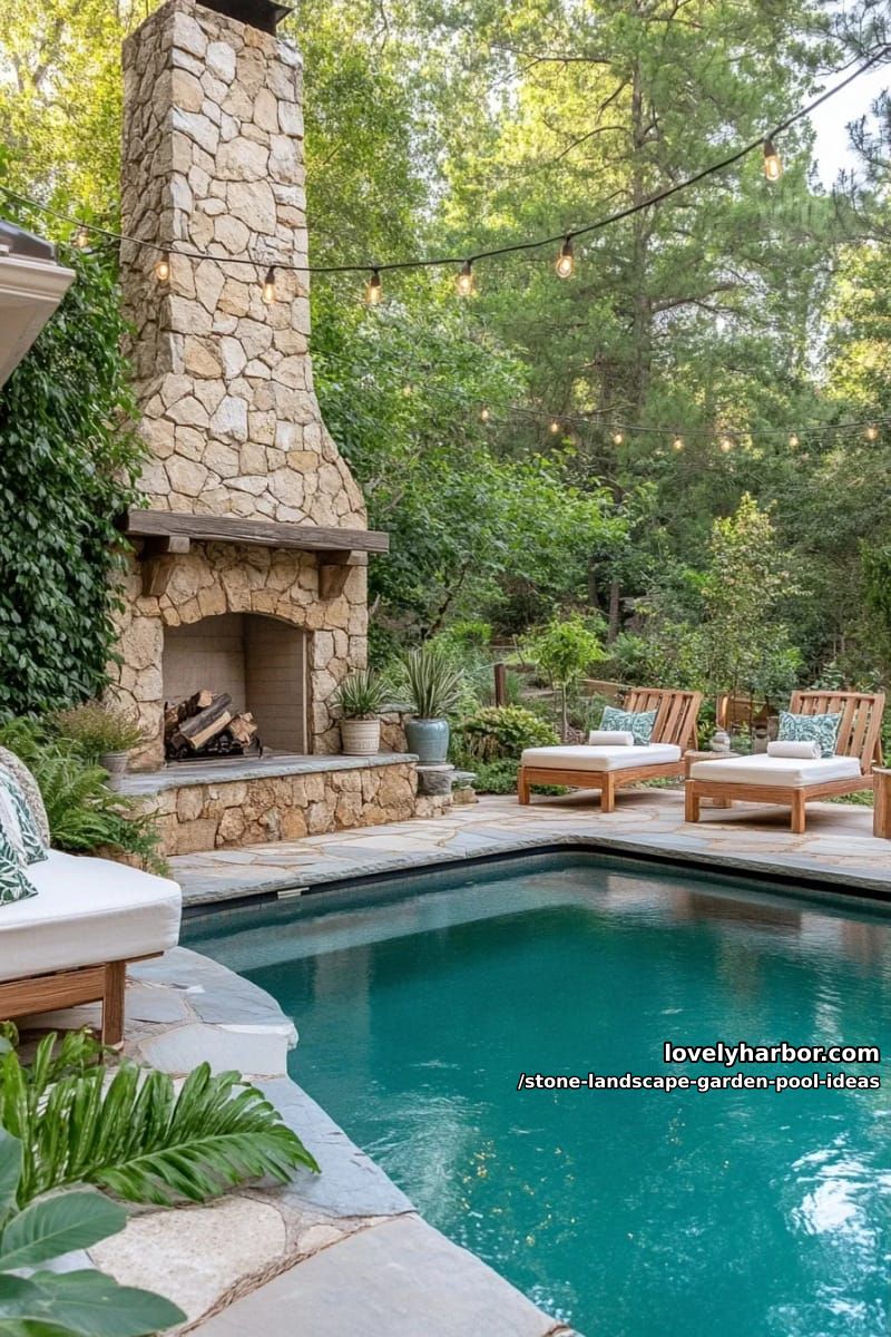 rustic stone outdoor fireplace paired with a lagoon pool and wooden loungers 1