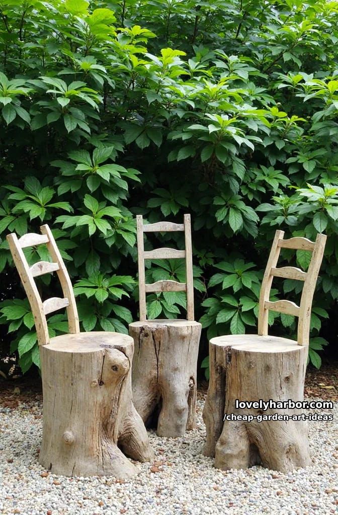 rustic tree stump chairs made from old wooden chair backs outdoors. 1