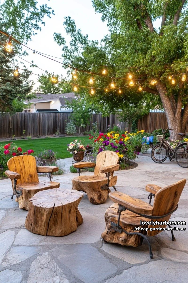 rustic tree stump chairs made from old wooden chair backs outdoors. 1