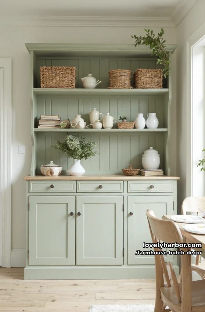 Lovely Harbor 43 sage green farmhouse hutch styled with vintage jars. 3