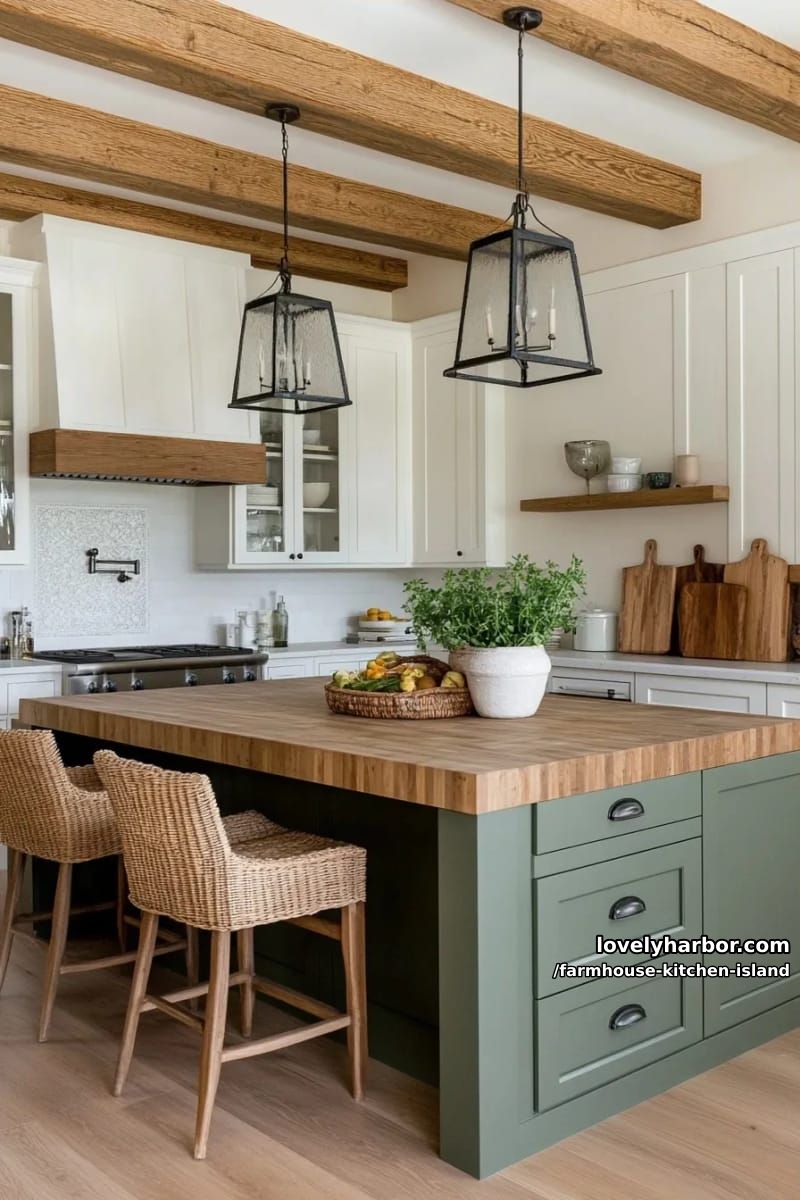sage green island, butcher block top, rattan barstools, and rustic ceiling beams. 1