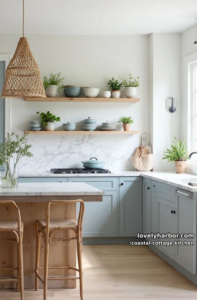 20 Coastal Cottage Kitchens With Worn-In Beach House Feel 7 scandinavian-inspired kitchen with blue cabinets, open shelves, and rattan pendants. 1