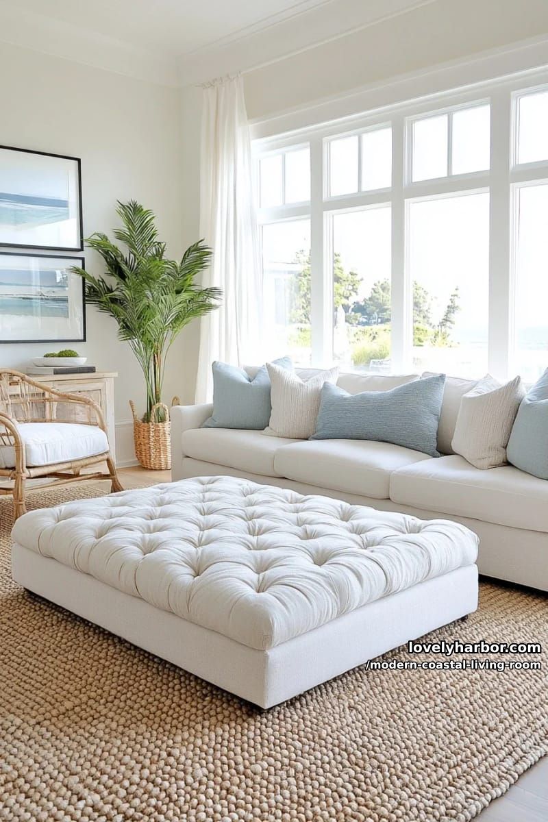 serene coastal living room with cream ottoman and natural light. 1