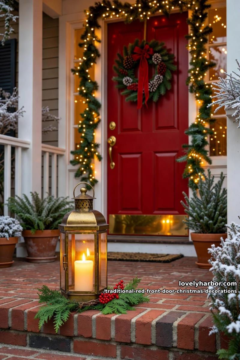 set a brass lantern and a fat pillar candle on the step 1