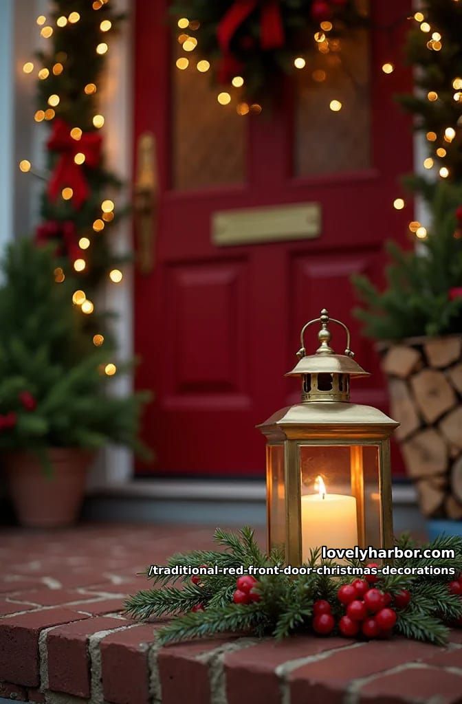 set a brass lantern and a fat pillar candle on the step 1