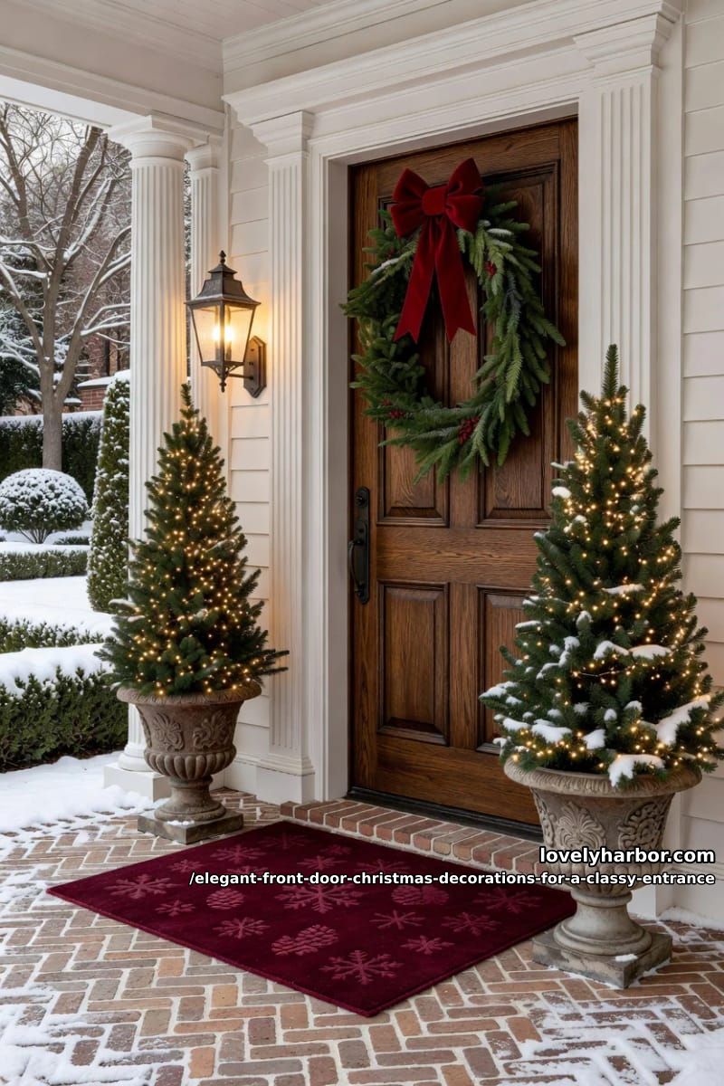 set a pair of potted trees on either side of the door 1