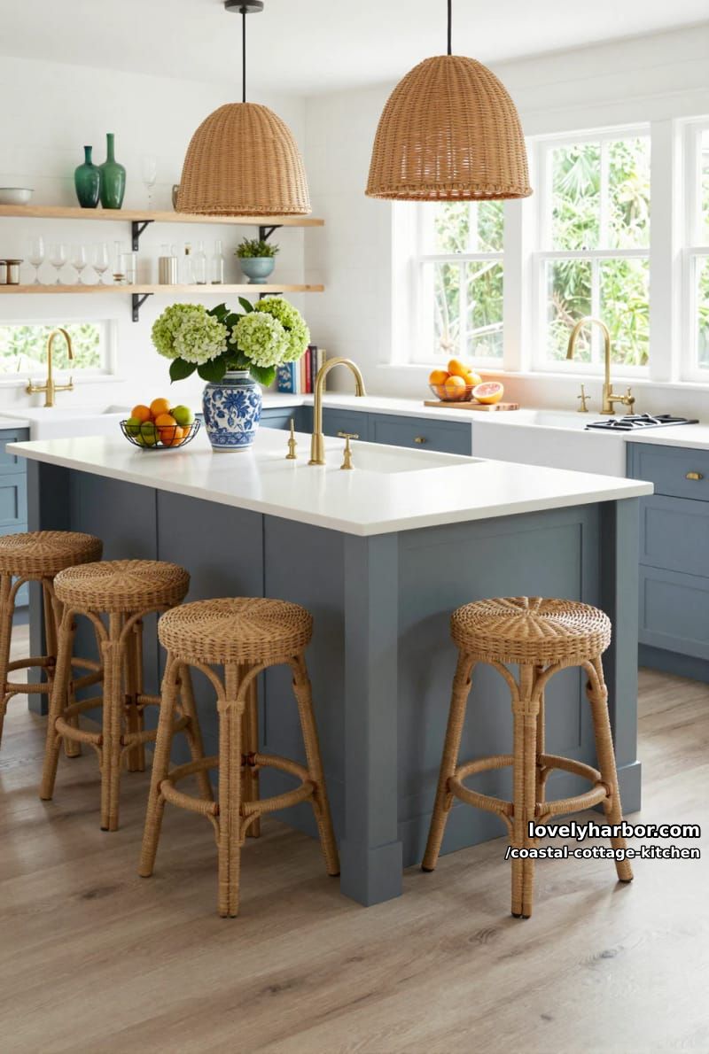 20 Coastal Cottage Kitchens With Worn-In Beach House Feel 21 shiplap kitchen with blue island, rattan bar stools, and open shelving. 1
