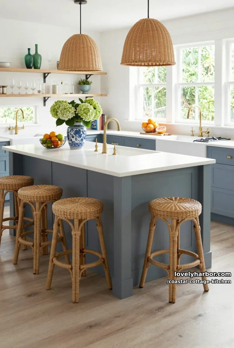 shiplap kitchen with blue island, rattan bar stools, and open shelving. 1