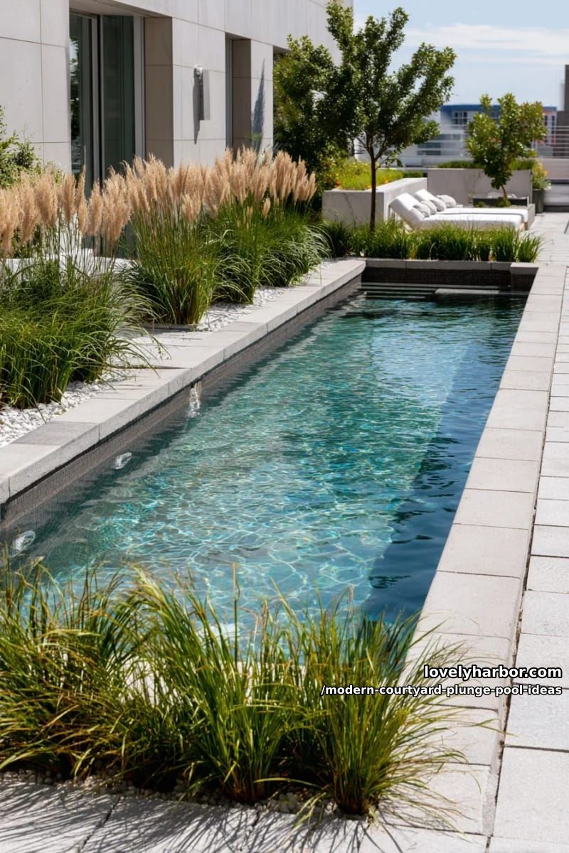 skinny lap-style plunge pool bordered by concrete pavers and wild grasses 1