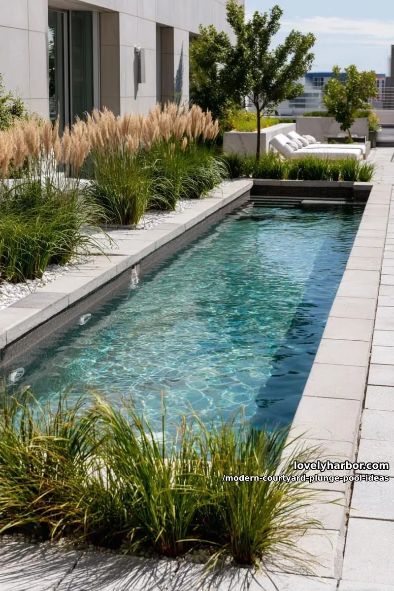 skinny lap-style plunge pool bordered by concrete pavers and wild grasses 1