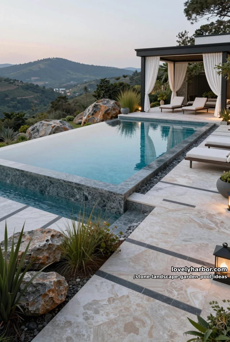 sleek infinity pool with granite coping and geometric hardscape paths 1