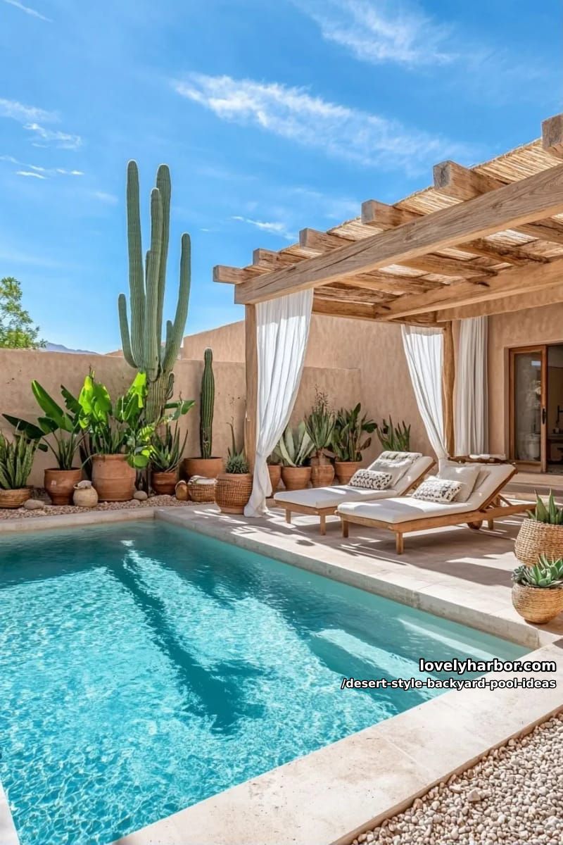 sleek rectangular pool with poolside pergola draped in light linen, cactus garden underneath 1