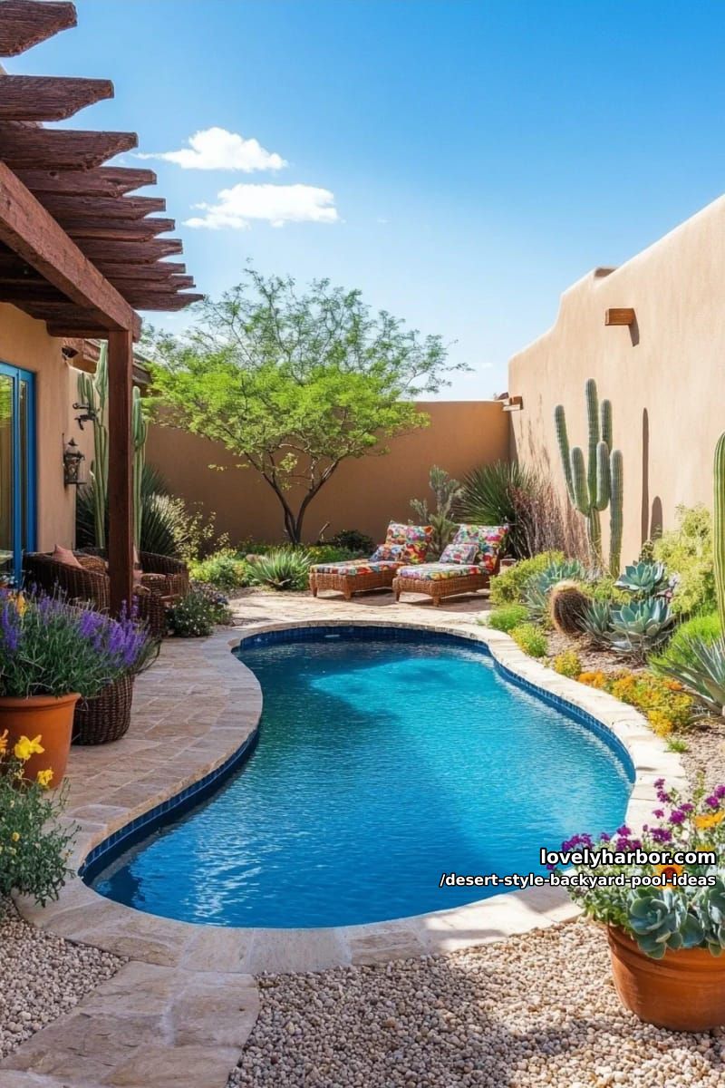 small backyard oasis with adobe walls and blooming desert succulents 1