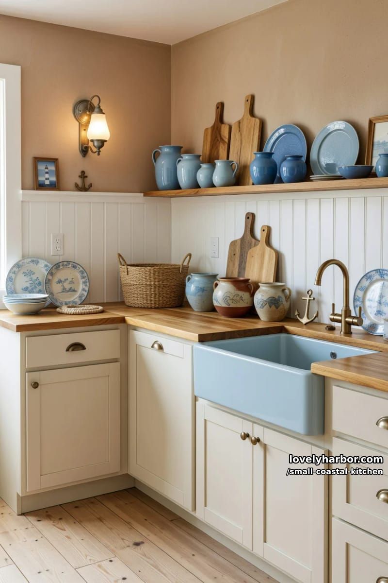 20 Small Coastal Kitchen Ideas for a Fresh, Breezy Look 14 small coastal kitchen, cream cabinets, pastel blue sink, beadboard, vintage accents 1